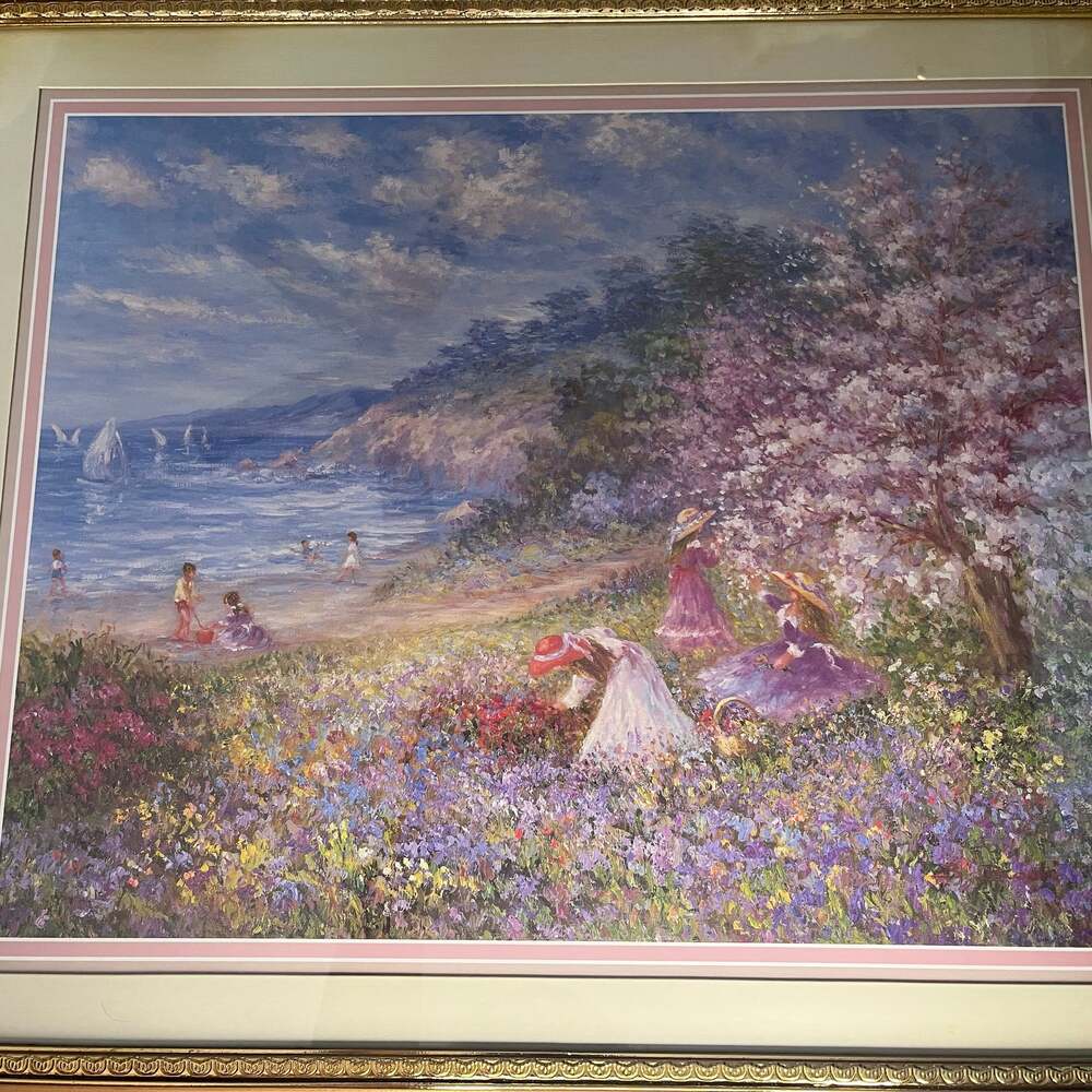 Kids playing on the  beach beautiful florals, PINK & GOLD FRAME. 27.5" X 23.5"